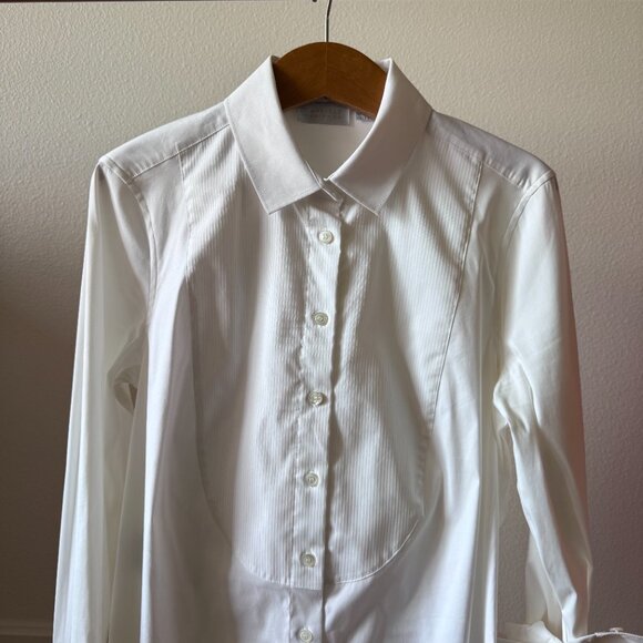 White Satin Tuxedo Button Down Blouse | Size 10 | Classic Luxe Dress Shirt - Picture 7 of 16